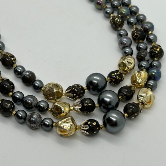 Vintage Three-Strand Gray Gold Iridescent Bead Faux & Pearls Prom Formal - Picture 5 of 16